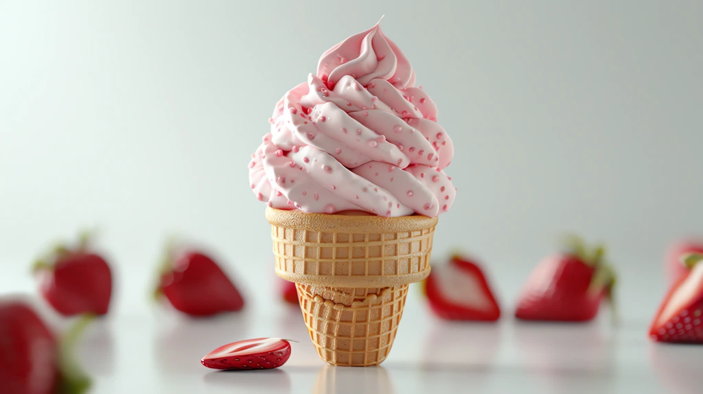 strawberry icecream cone photographed on a white photorealistic desktop wallpaper 4k