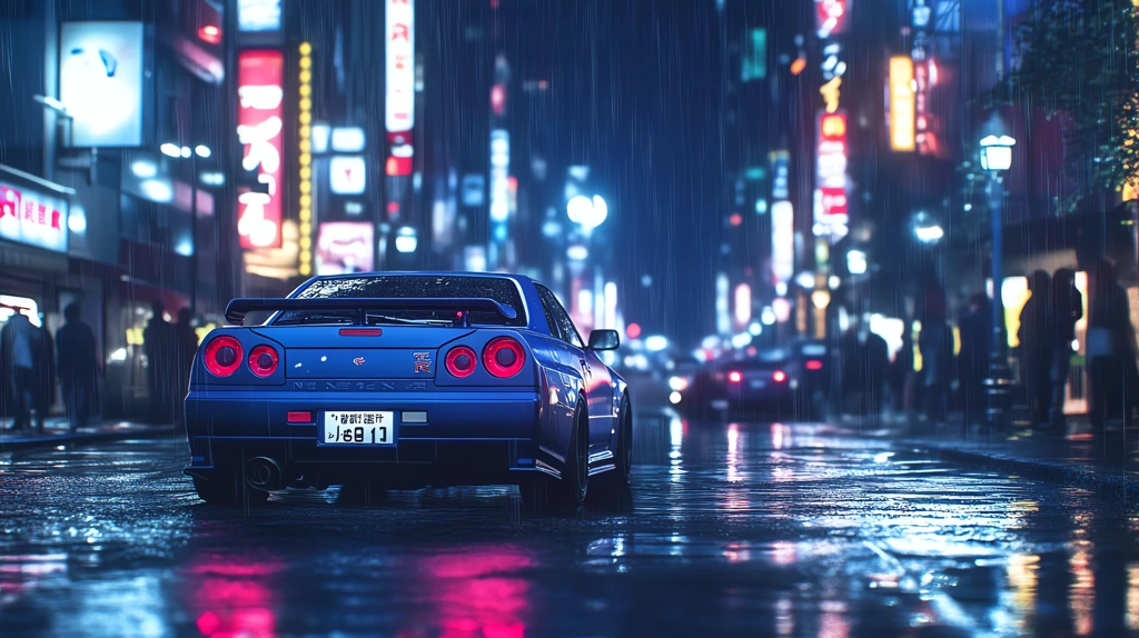 street night nissan skyline gt-r in a night time iconic japanese scenery desktop wallpaper 4k