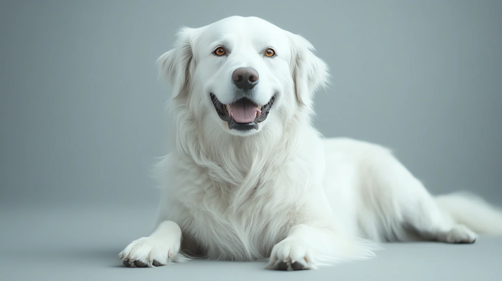 stunning full-body photograph of a smiling golden retriever with orange eyes desktop wallpaper 4k