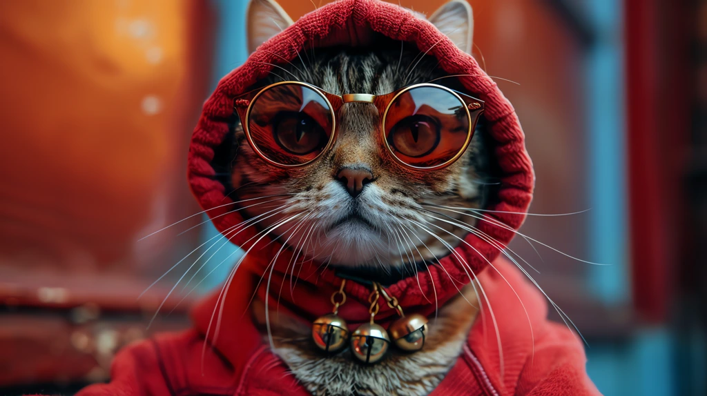 stylish cat wearing a red hoodie and sunglasses with a gold bell necklace desktop wallpaper 4k