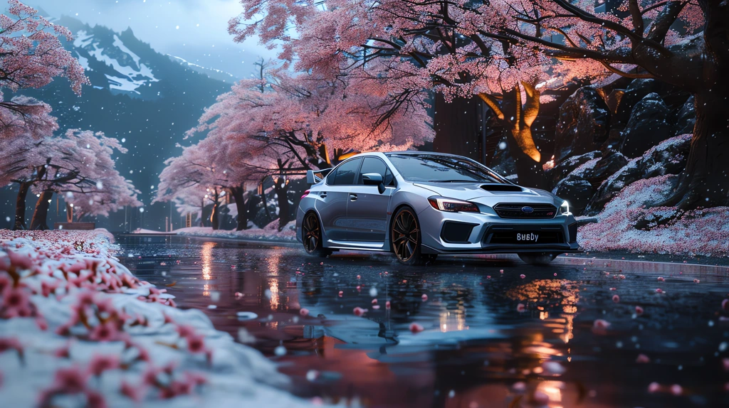 subaru wrx sti blossoming in japan and snow desktop wallpaper 4k