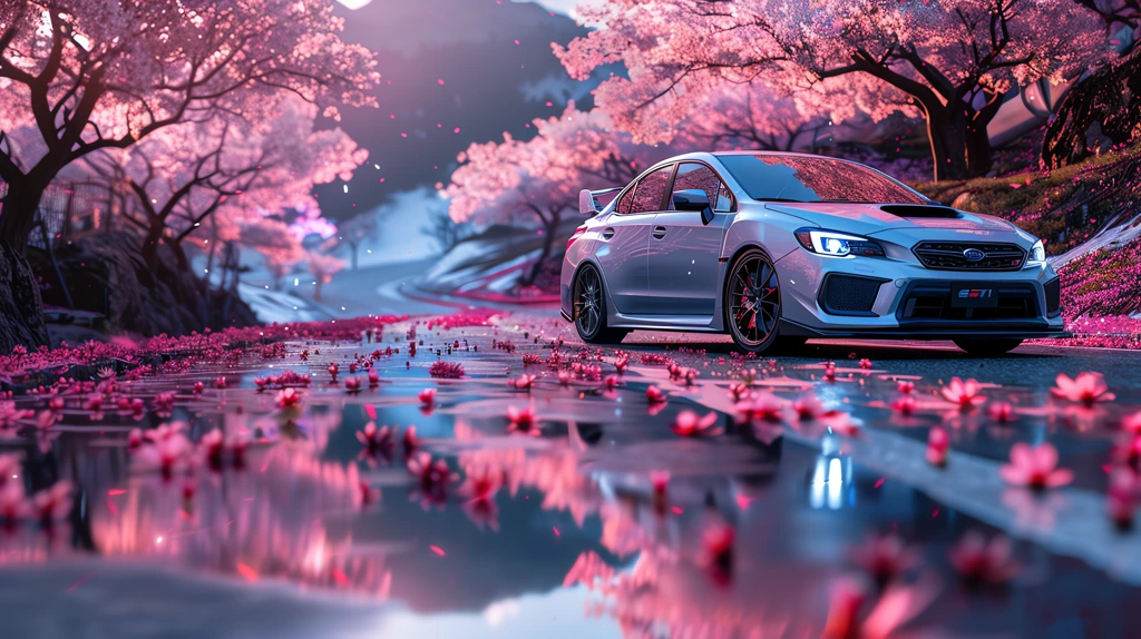 subaru wrx sti cherry blossoms blossoming leaf desktop wallpaper 4k