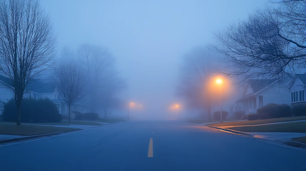 suburban street at dawn with distant glowing streetlights desktop wallpaper 4k