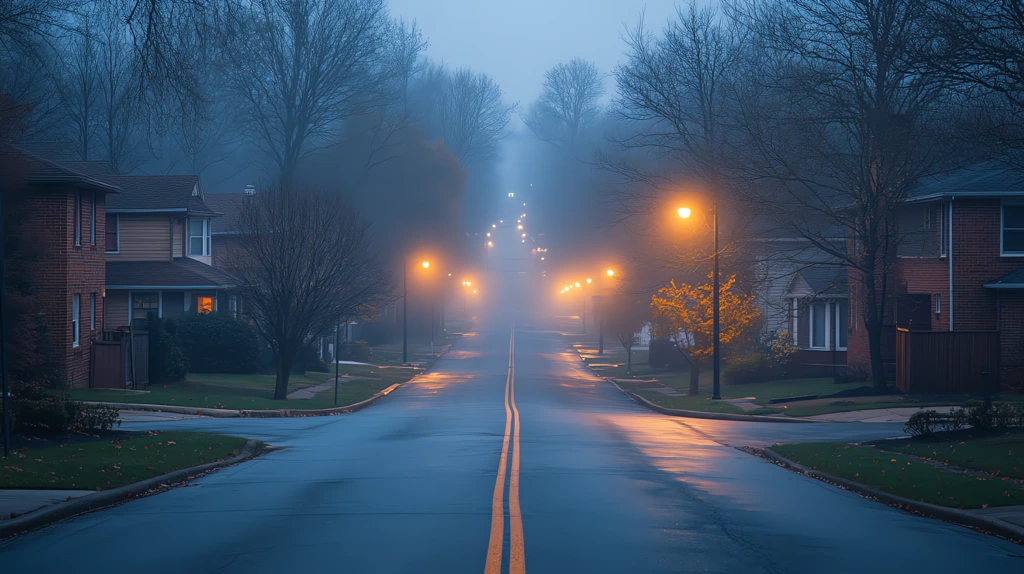 suburban street at dawn with distant glowing streetlights surreal desktop wallpaper 4k