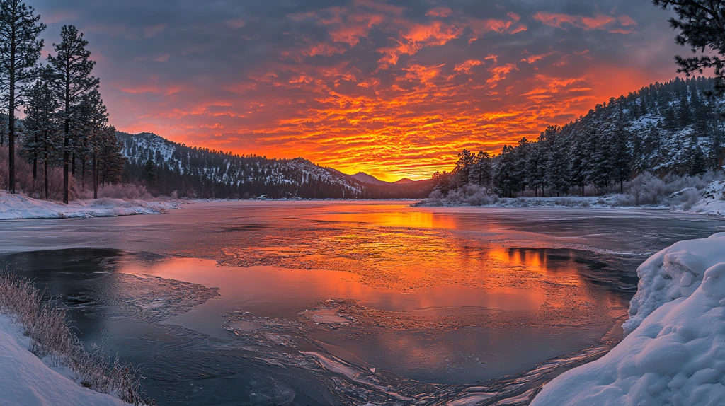 sunrise over the frozen lake the lake reflects warm hues of orange and pink desktop wallpaper 4k