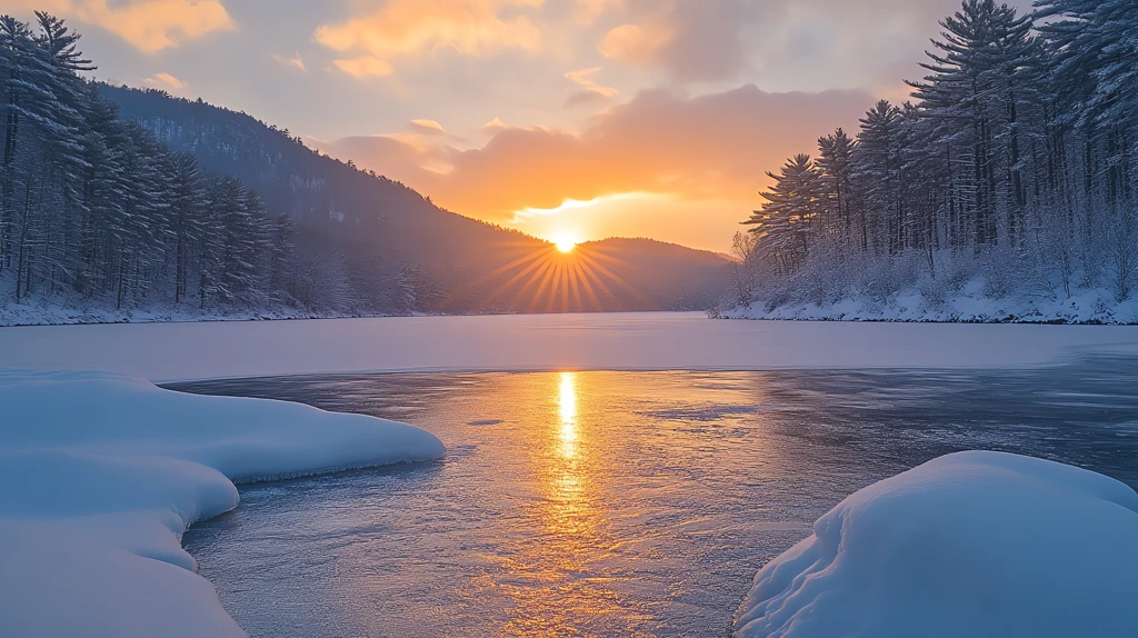 sunrise over the frozen lake the lake reflects warm hues of orange and pink the sun desktop wallpaper 4k