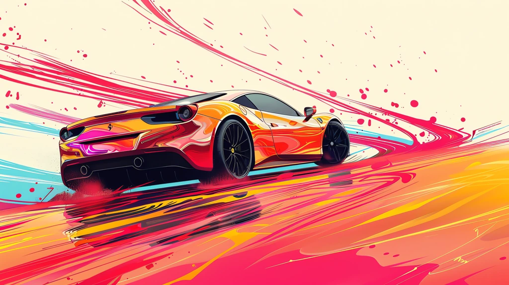 super car editorial illustration whimsical squiggly lines thick marker desktop wallpaper 4k