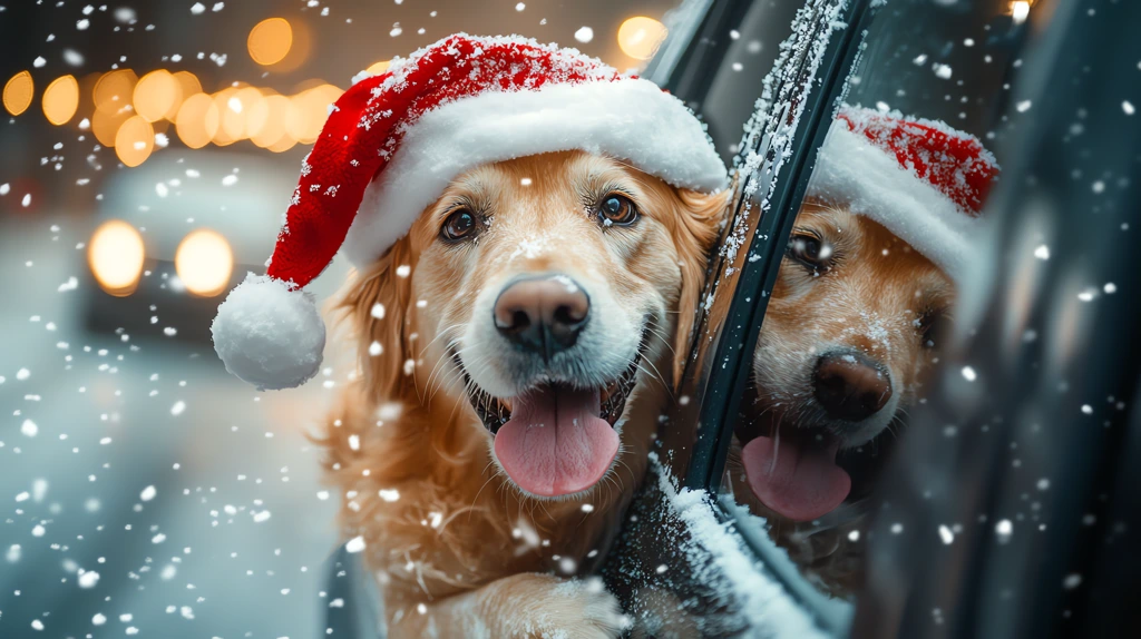 surreal photo of a dog wearing a santa hat with a cute expression sticking out his tongue desktop wallpaper 4k