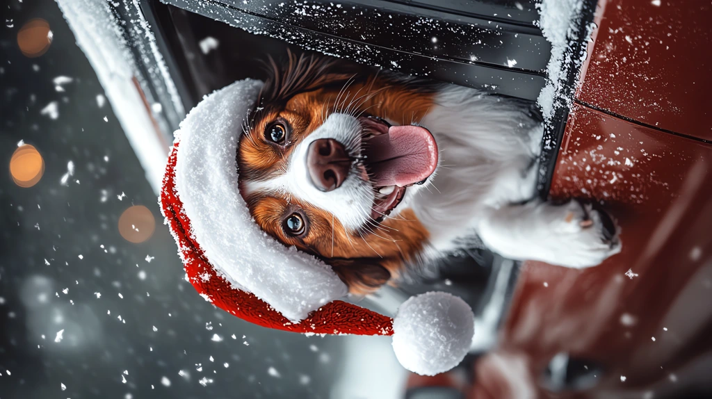 surreal photo of a dog wearing a santa hat with a cute expression sticking out phone wallpaper 4k