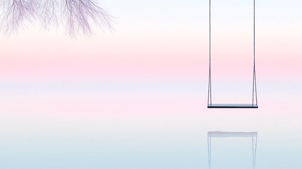 swing set in the middle of a foggy lake one swing slowly moving faint soft pink desktop wallpaper 4k