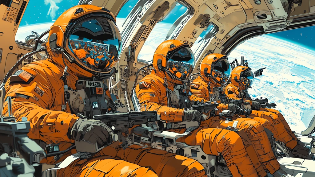 team of astronauts in their luminous orange suits are seated in a spacecraft desktop wallpaper 4k