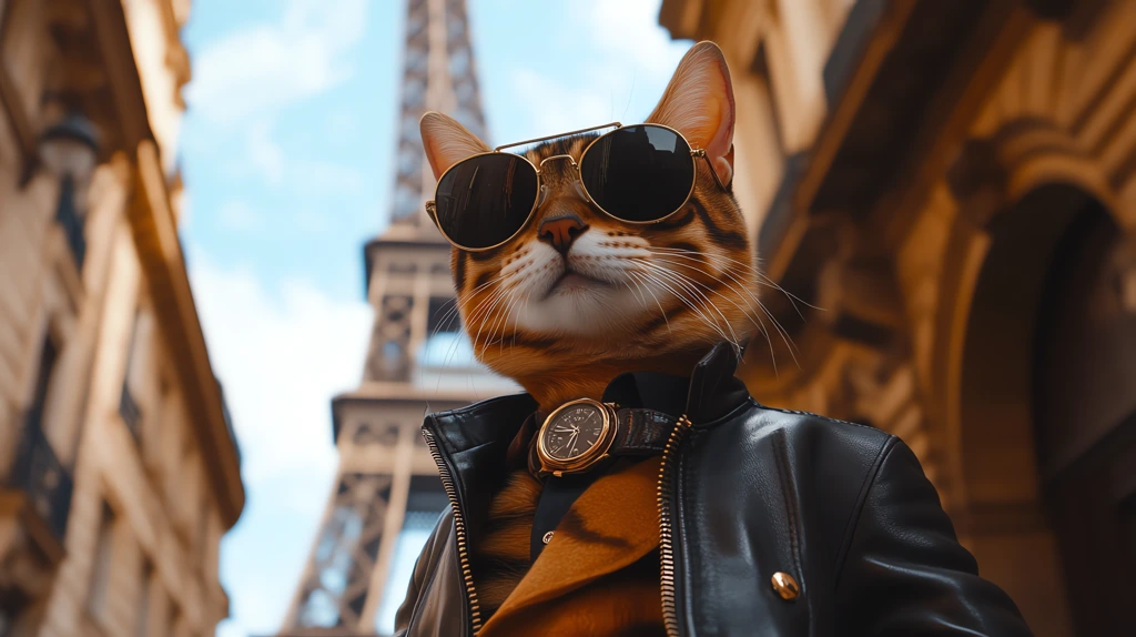 the bengal cat a dashing male traveler wearing a tailored leather jacket desktop wallpaper 4k