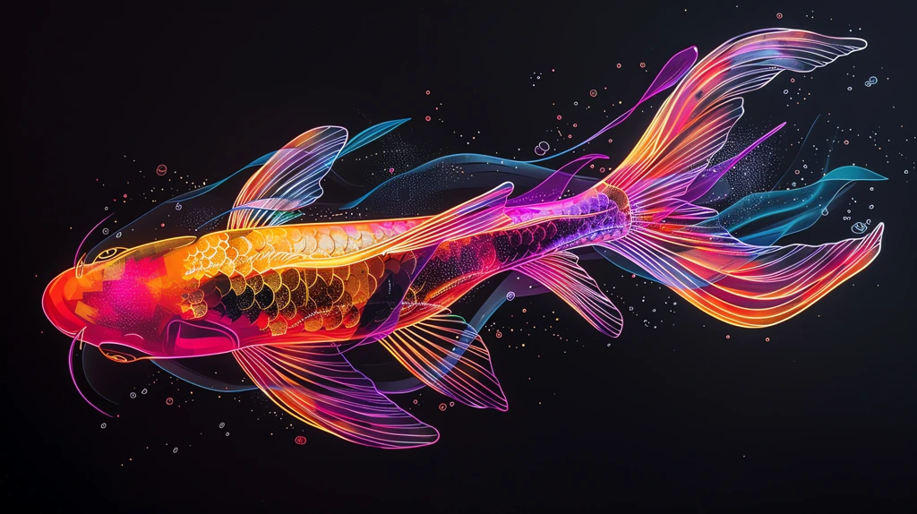 the black simple and clear colorful lines outline the koi fish shining desktop wallpaper 4k