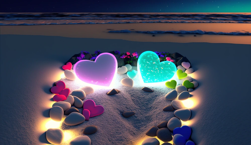 the edges of the white beach are covered with colorful translucent pebbles two heart-shaped rose petals desktop wallpaper 4k