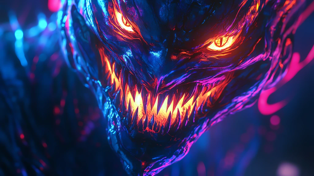 the face of neon monster in an anime style with vibrant colors desktop wallpaper 4k