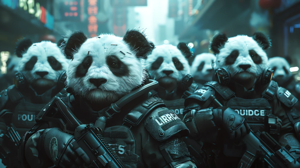 the future cyberpunk group of giant pandas desktop wallpaper 4k