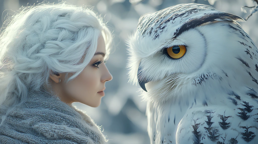 the giant white owl and a women desktop wallpaper 4k