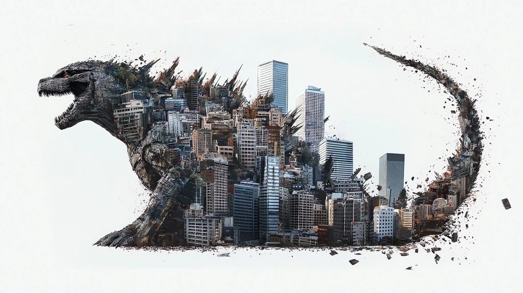 the godzilla-like monster is made of tokyo buildings desktop wallpaper 4k