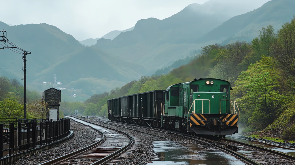 the locomotive is green dragging cars with mountains and trees the sky looks a little gloomy desktop wallpaper 4k