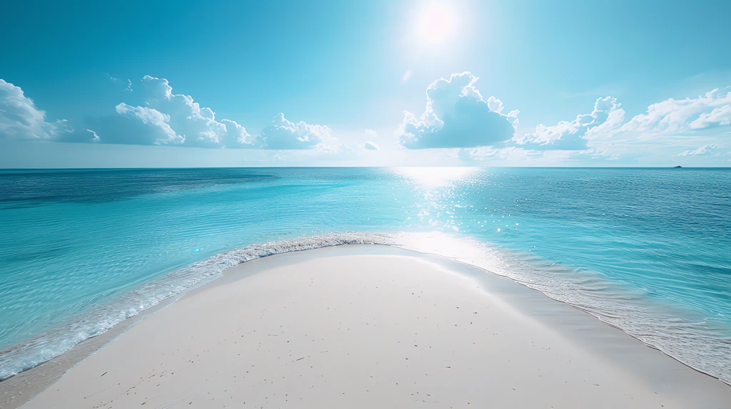 the lower third features a pristine white sand beach curving desktop wallpaper 4k