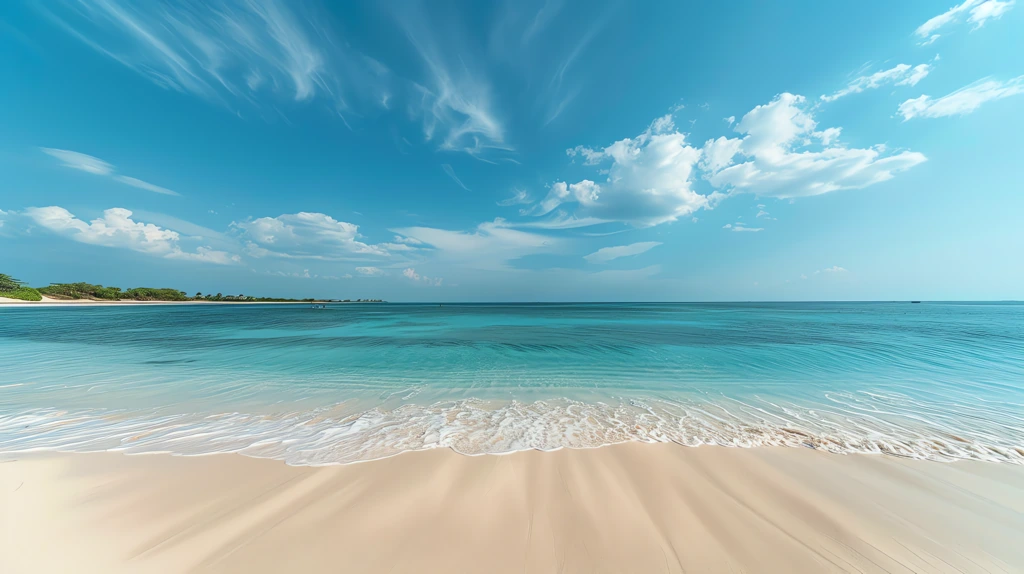 the lower third features a pristine white sand beach curving into a clear blue sea desktop wallpaper 4k