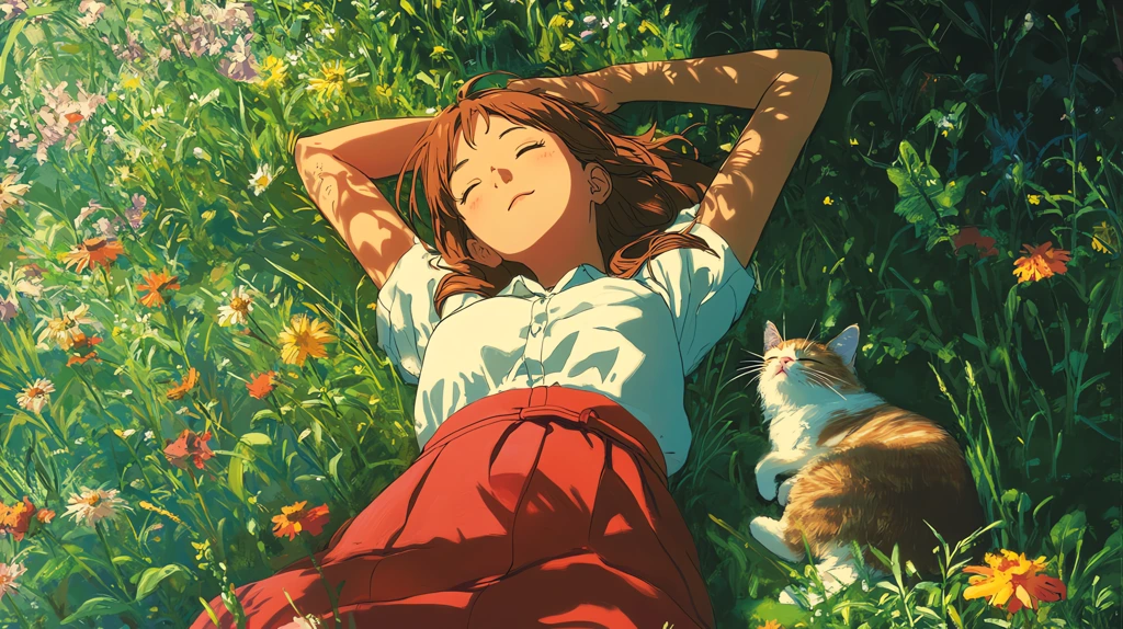 the middle of a green meadow with two arms under her head and a cat sleeping desktop wallpaper 4k