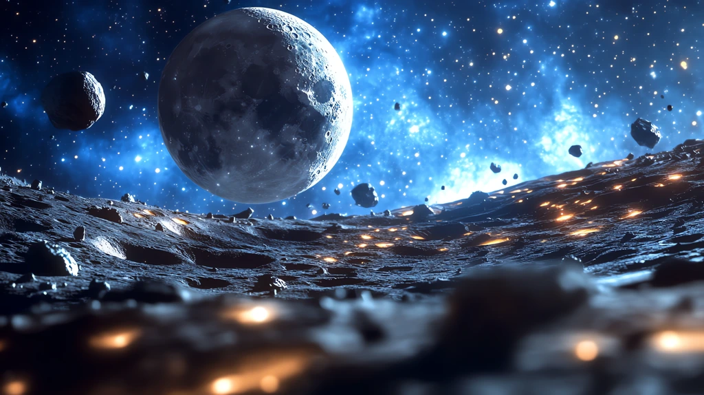 the surface of the moon in the cosmos in blue tones planet stars meteorites desktop wallpaper 4k