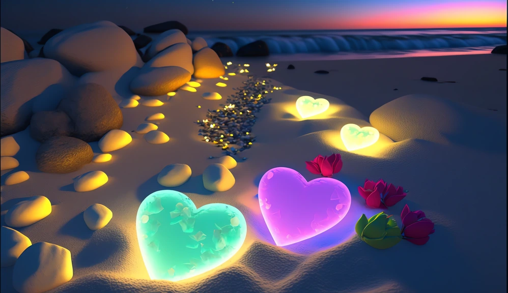 the white beach are covered with colorful translucent pebbles two heart-shaped rose petals desktop wallpaper 4k