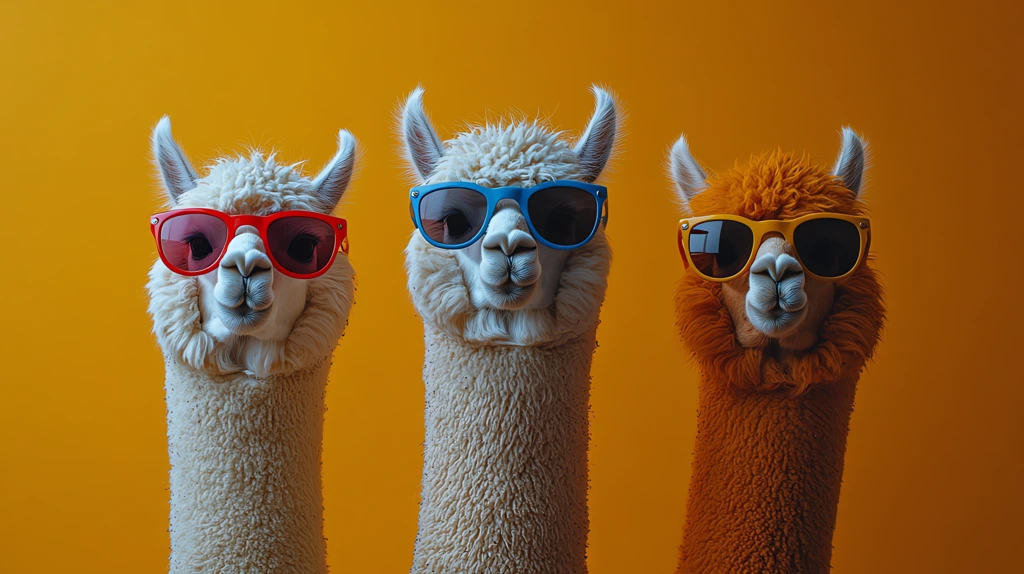 three alpacas wearing colorful vibrant sunglasses each with a playful expression standing against a bright desktop wallpaper 4k