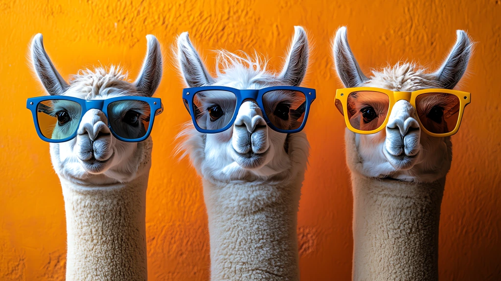 three alpacas wearing colorful vibrant sunglasses standing against a bright desktop wallpaper 4k