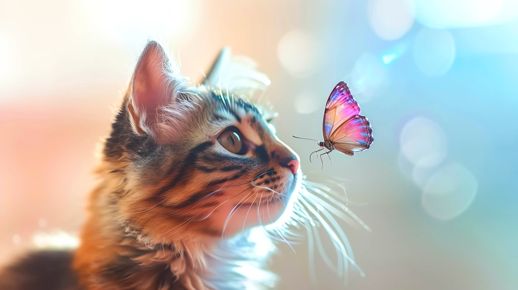 tie dye cat of multiple colors staring at butterfly landing cats her nose desktop wallpaper 4k