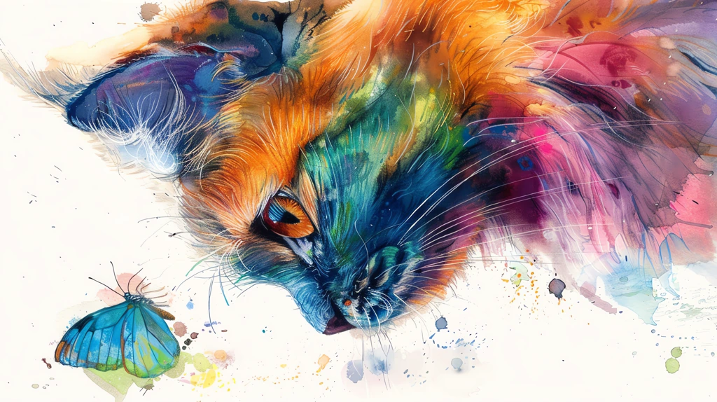 tie dye cat of multiple colors staring at butterfly landing cats phone wallpaper 4k