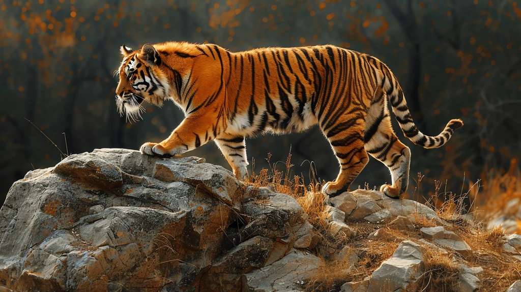 tiger prowling down a rock desktop wallpaper 4k