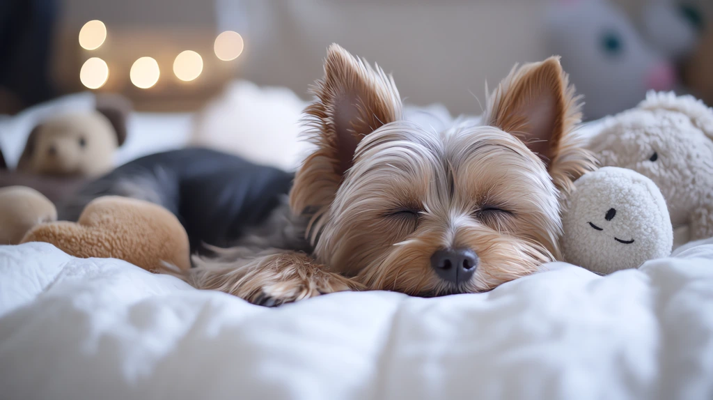 tiny dog yorkshire terrier lies supine on a soft white bed deeply asleep desktop wallpaper 4k