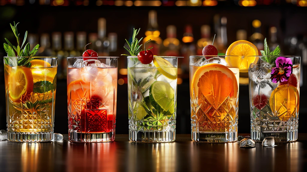 tonics in glasses with fruits flowers and ginseng on the bar counter in luxury club restaurant desktop wallpaper 4k