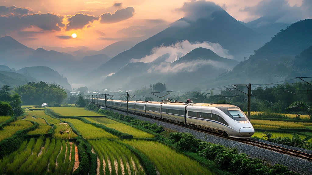 train passing through rice fields in southern china desktop wallpaper 4k