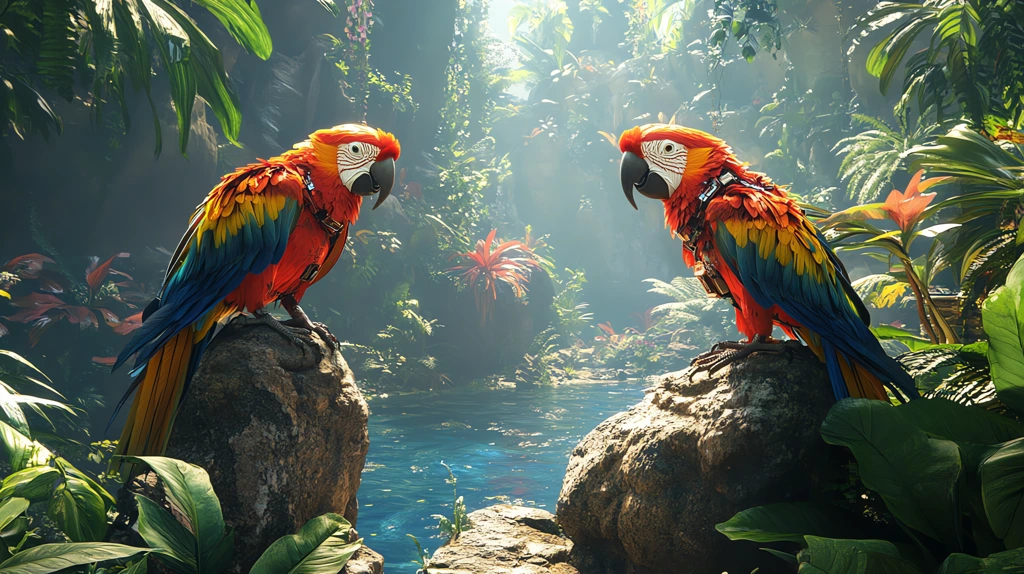 tropical wildlife parrots and iguanas with cybernetic enhancements desktop wallpaper 4k