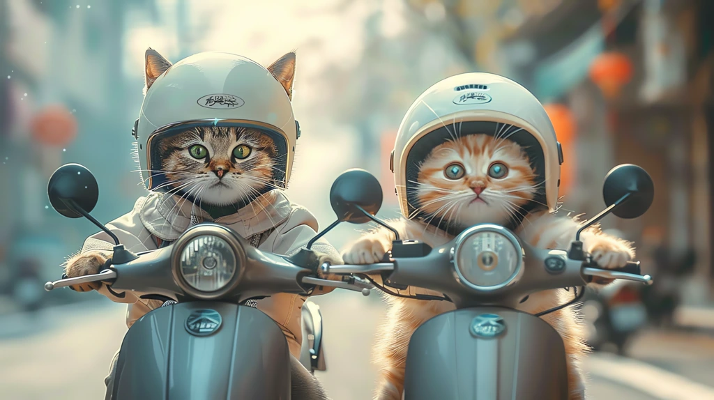 two cute cats riding on motorbikes both wearing white helmets desktop wallpaper 4k