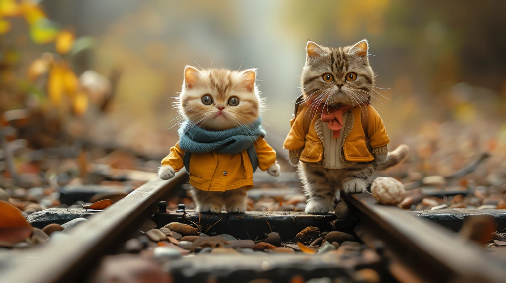 two cute cats standing on rails desktop wallpaper 4k