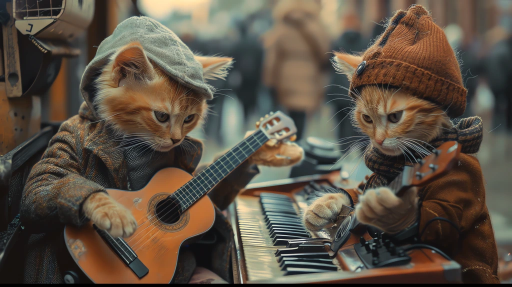 two kittens wearing casual clothes playing guitars desktop wallpaper 4k