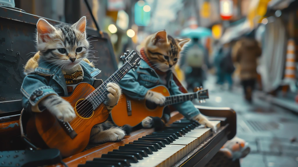 two kittens wearing casual clothes playing guitars on a crowded street desktop wallpaper 4k