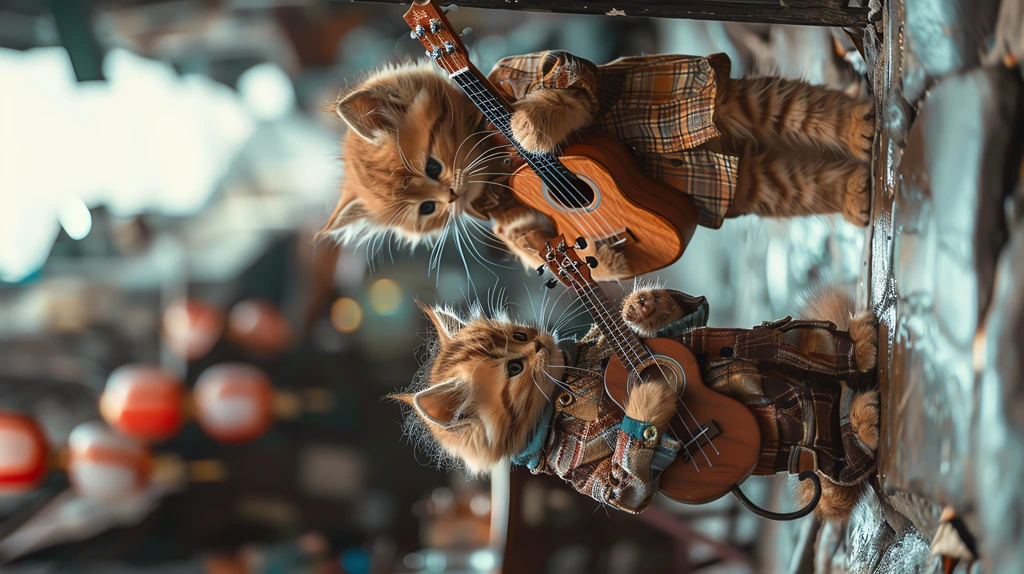 two kittens wearing casual clothes they are playing guitars on a crowded street phone wallpaper 4k