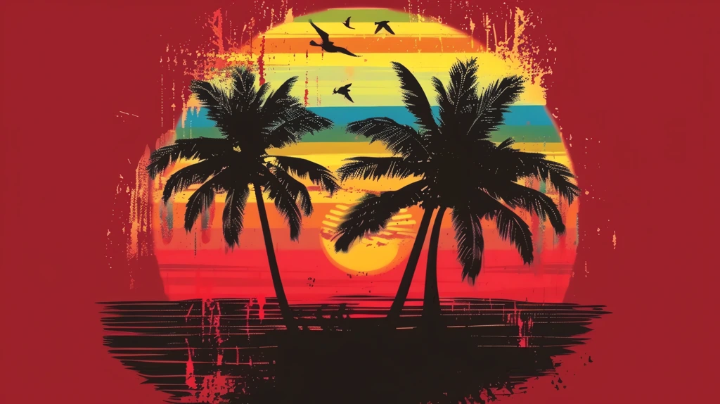 two palm trees with rainbow sunset in the background on a red desktop wallpaper 4k