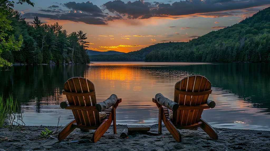 two wooden chairs with log armrests placed on the shore of an indian lake desktop wallpaper 4k