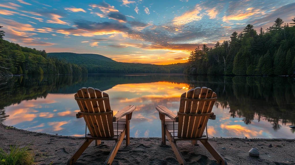 two wooden chairs with log armrests placed on the shore of an indian lake in new york desktop wallpaper 4k