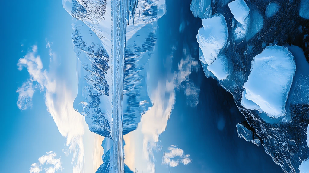 ultra wide-angle photography of a pristine iced lake reflecting towering snowy mountains phone wallpaper 4k