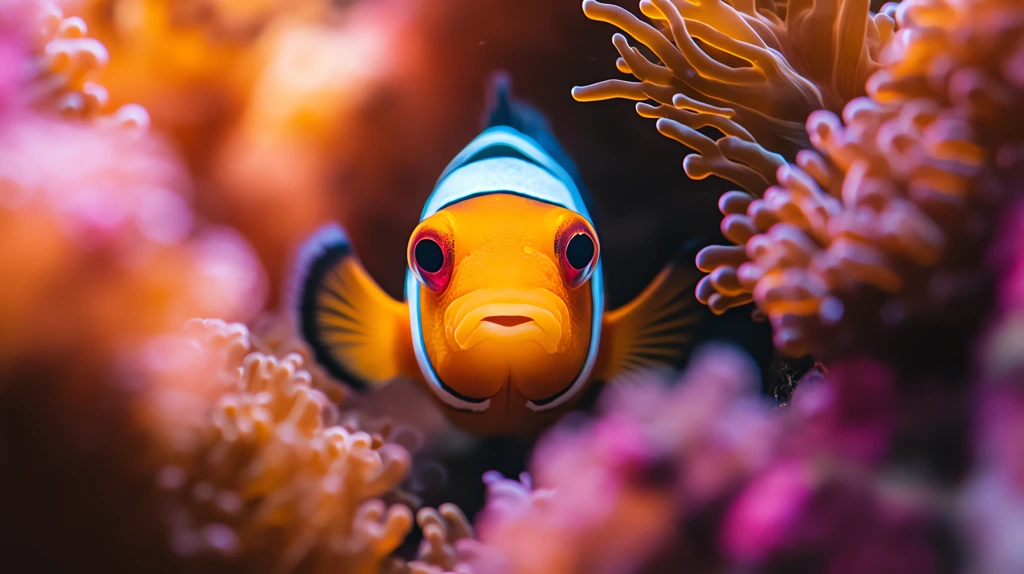 underwater photo of a clownfish peeking through a colorful coral desktop wallpaper 4k