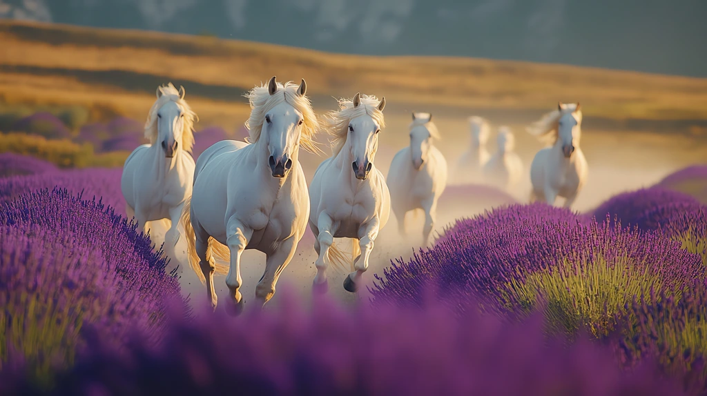 valley covered in lavender stretching to the horizon with a gentle mist rolling in as white horses desktop wallpaper 4k