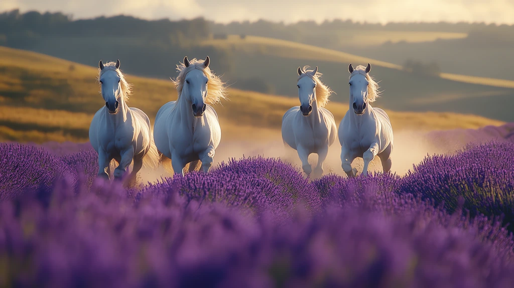 valley covered in lavender with a gentle mist rolling in as white horses desktop wallpaper 4k