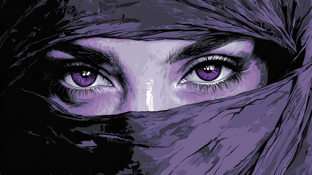 veiled eyes peeking out from behind a burka graphic novel style black desktop wallpaper 4k